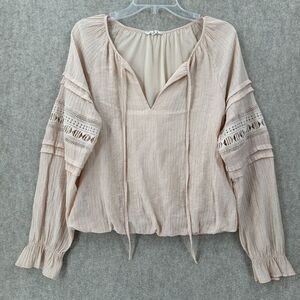 Blue Pepper Cottagecore Blouse Womens MEDIUM Beige Gauzy Cinch Waist‎ Crochet